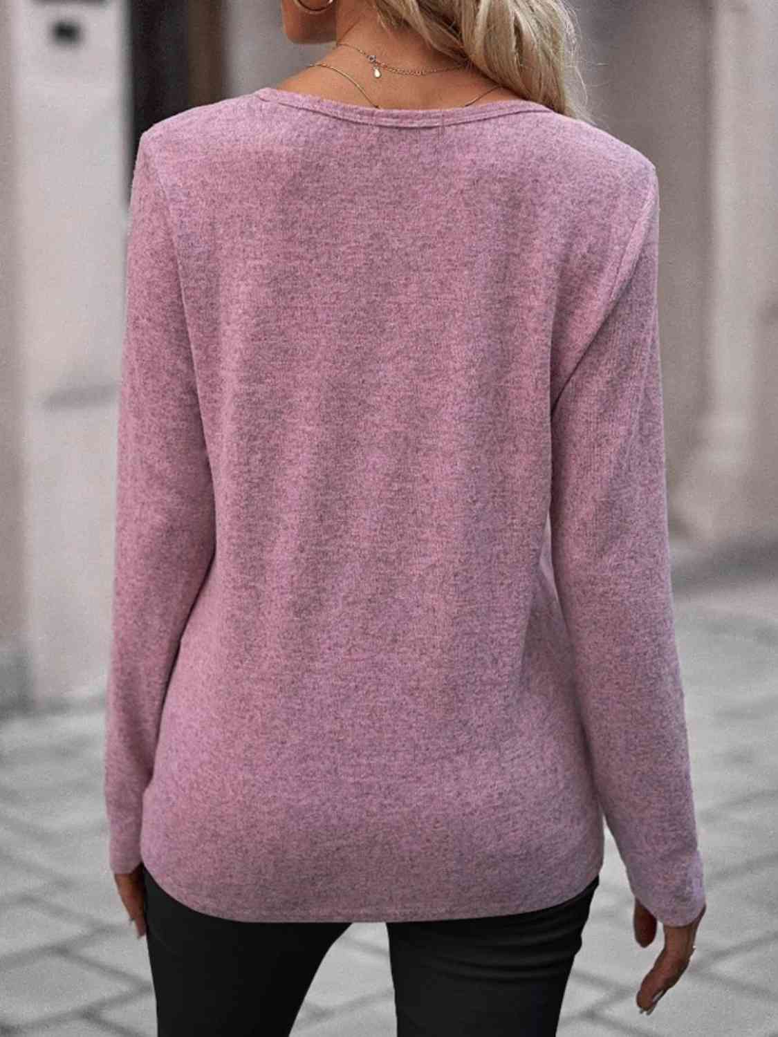 Round Neck Buttoned Long Sleeve T-Shirt - Ladyez