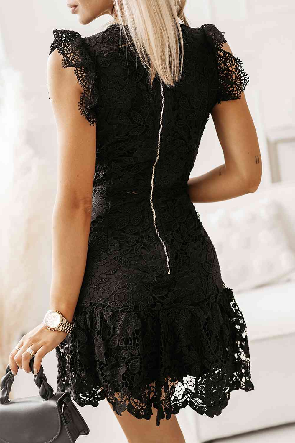 Round Neck Cap Sleeve Lace Mini Dress - Ladyez