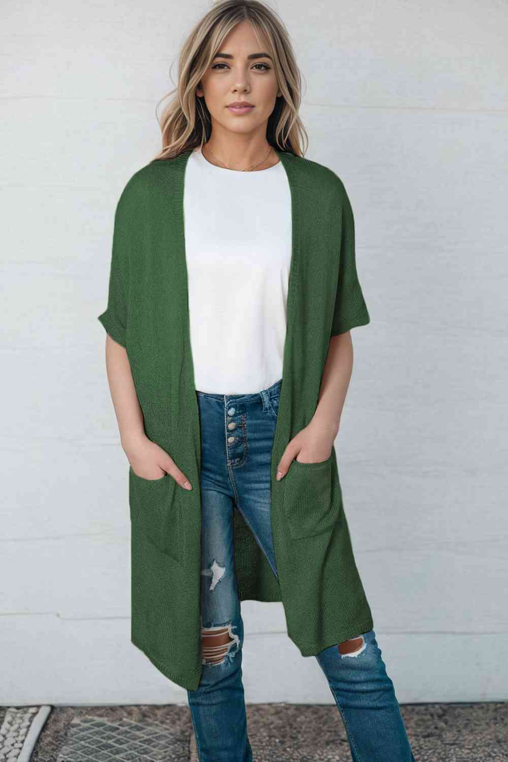 Open Front Sweater Cardigan with Pockets - Ladyez