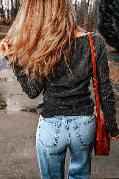 Ribbed Buttoned V-Neck Long Sleeve Top - Ladyez
