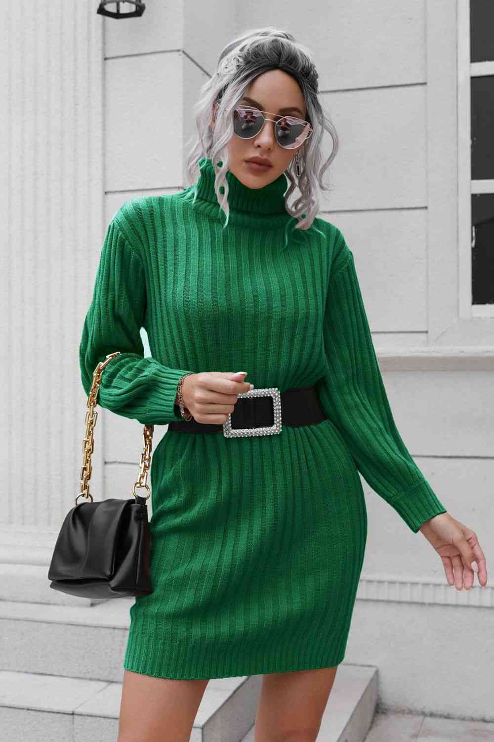 Ribbed Turtle Neck Long Sleeve Mini Sweater Dress - Ladyez