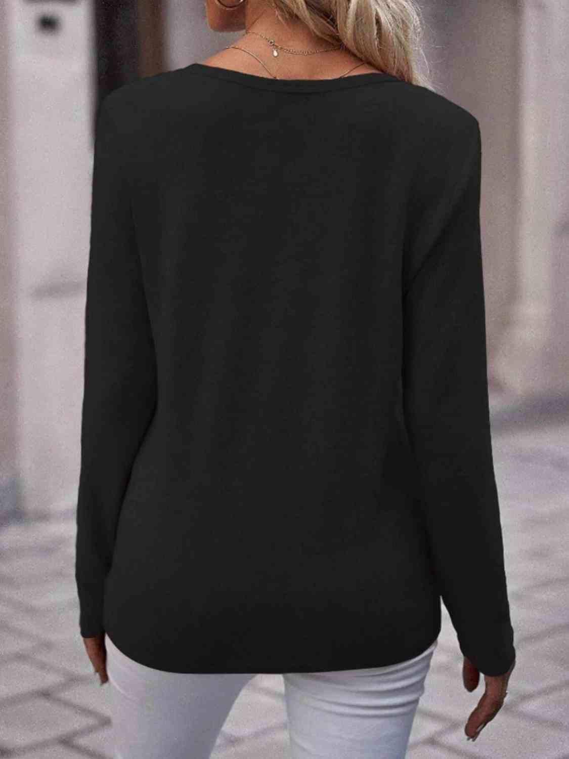 Round Neck Buttoned Long Sleeve T-Shirt - Ladyez