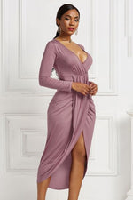 High-low Ruched Surplice Long Sleeve Dress - Ladyez