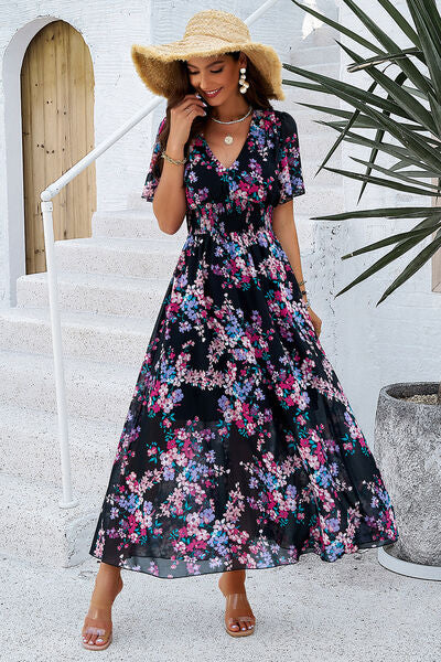 Smocked Floral V-Neck Short Sleeve Dress - Ladyez