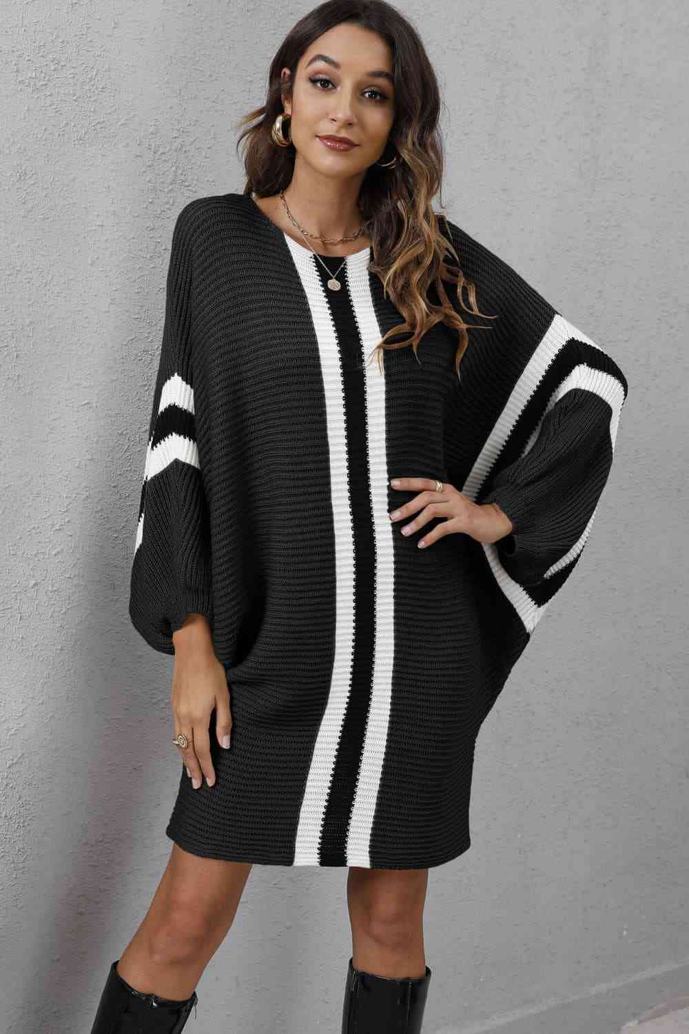 Ribbed Round Neck Long Sleeve Sweater Dress - Ladyez