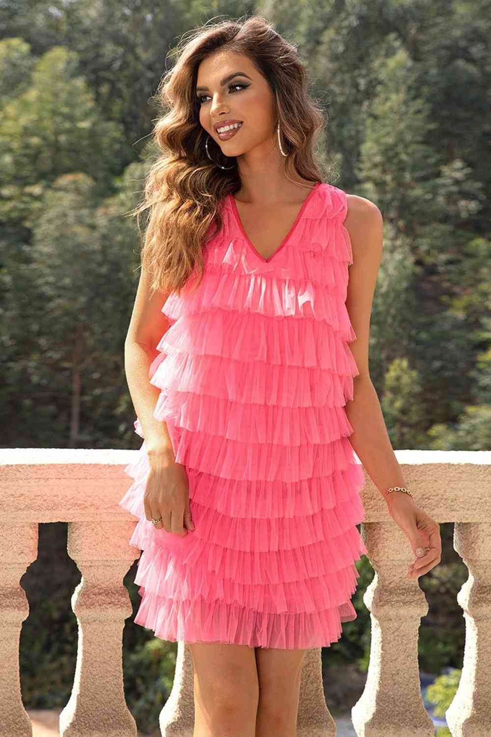 V-Neck Tiered Sleeveless Mesh Dress - Ladyez