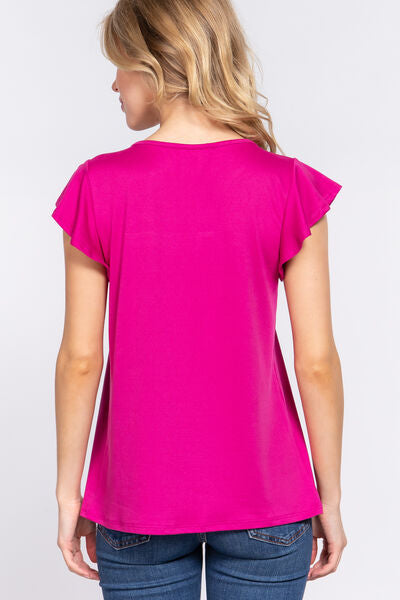 ACTIVE BASIC Ruffle Short Sleeve Lace Detail Knit Top - Ladyez