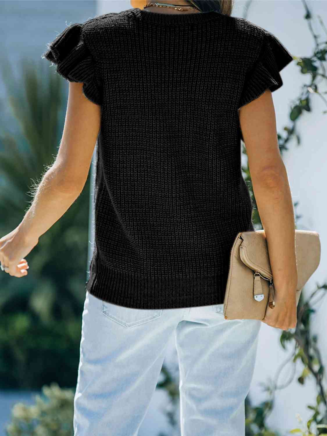 Round Neck Cap Sleeve Sweater - Ladyez