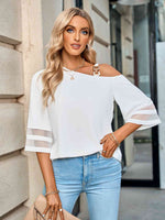 Asymmetrical Neck Sheer Striped Flare Sleeve Blouse - Ladyez