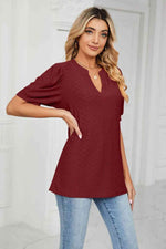 Eyelet Short Puff Sleeve Notched Neck Top - Ladyez