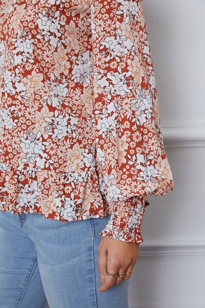 Floral Smocked Lantern Sleeve Ruffled Blouse - Ladyez