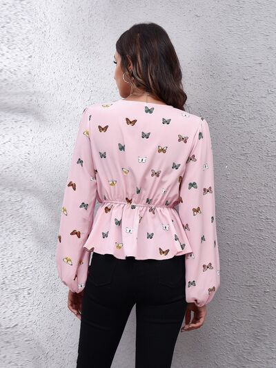 Butterfly V-Neck Balloon Sleeve Peplum Blouse - Ladyez