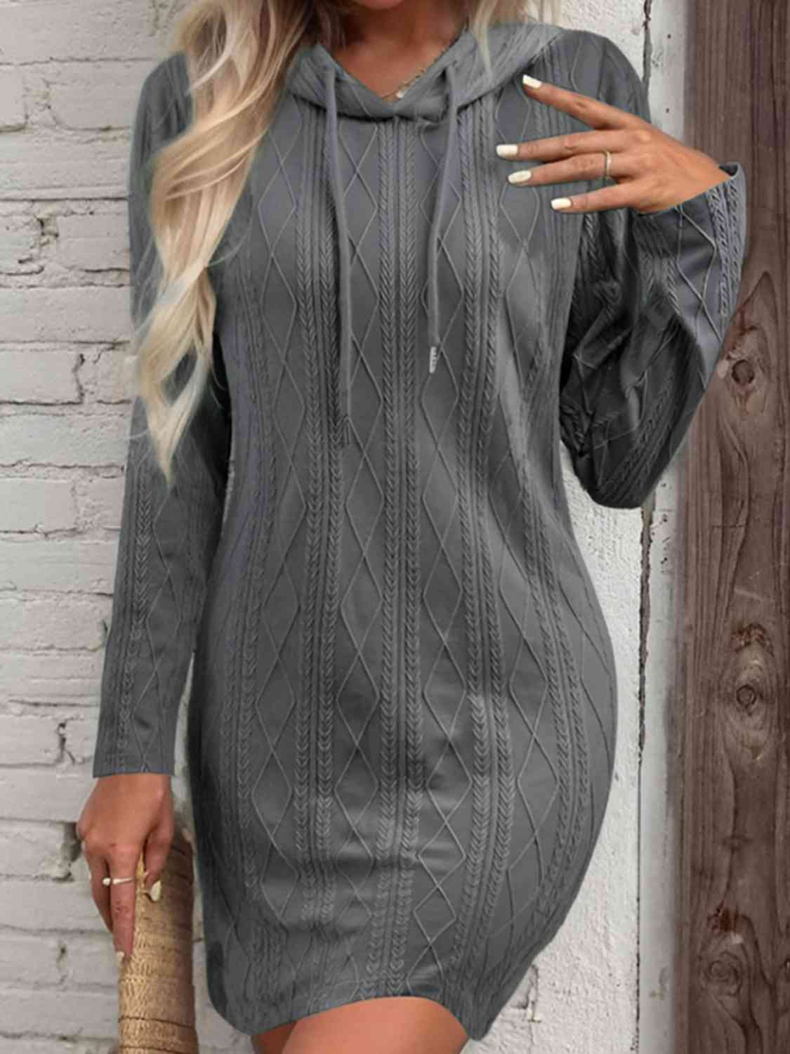 Drawstring Hooded Sweater Dress - Ladyez