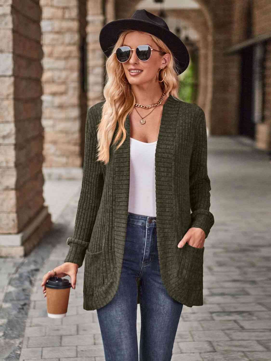 Open Front Cardigan with Pockets - Ladyez