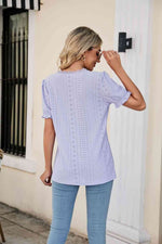 Eyelet Flounce Sleeve Scalloped V-Neck Top - Ladyez