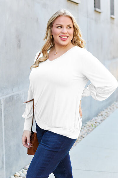 Basic Bae Full Size V-Neck Lantern Sleeve Blouse - Ladyez