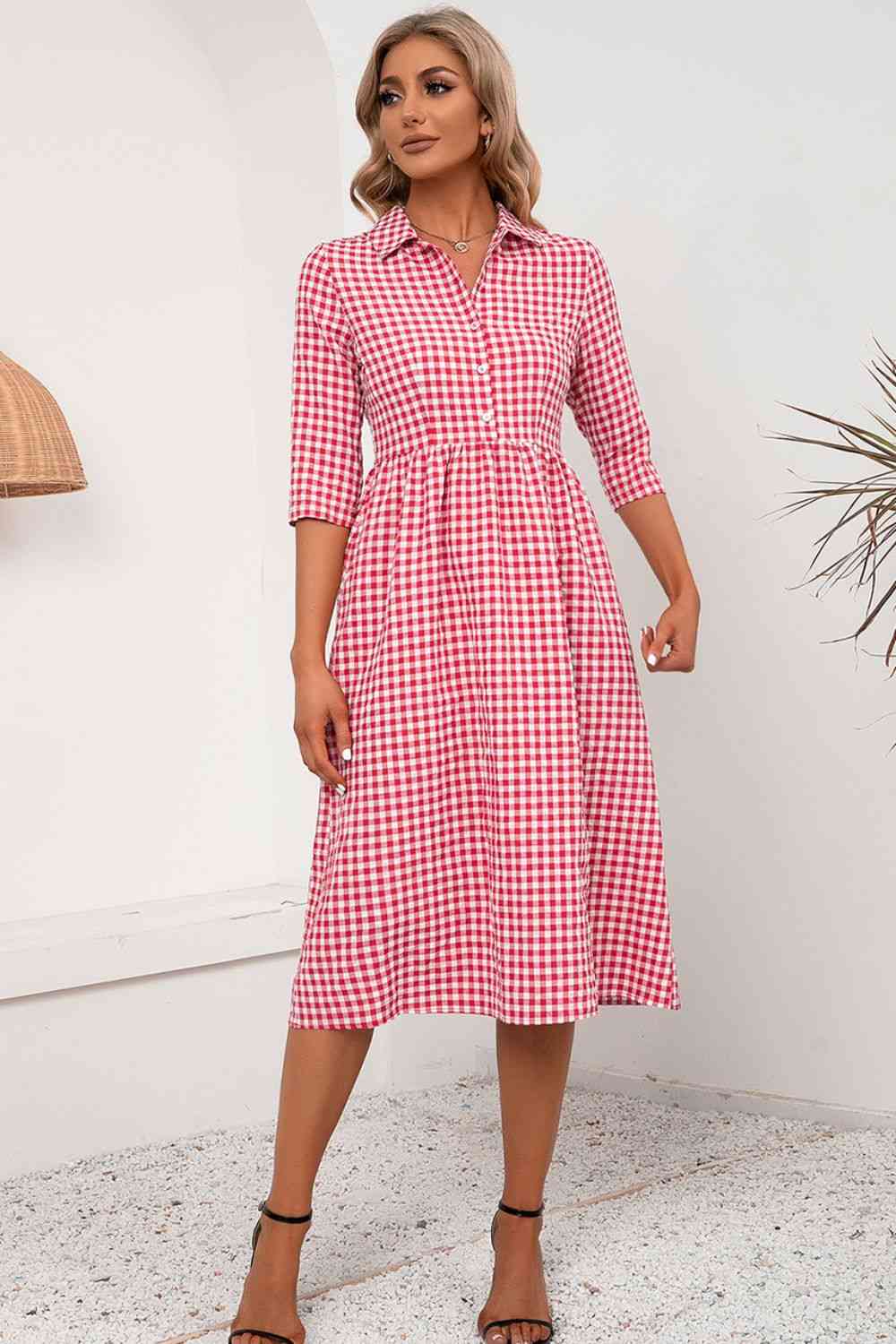 Plaid Collared Neck Midi Dress - Ladyez