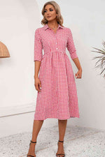 Plaid Collared Neck Midi Dress - Ladyez