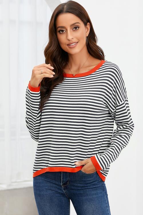 Striped Round Neck Drop Shoulder T-Shirt - Ladyez