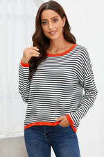 Striped Round Neck Drop Shoulder T-Shirt - Ladyez