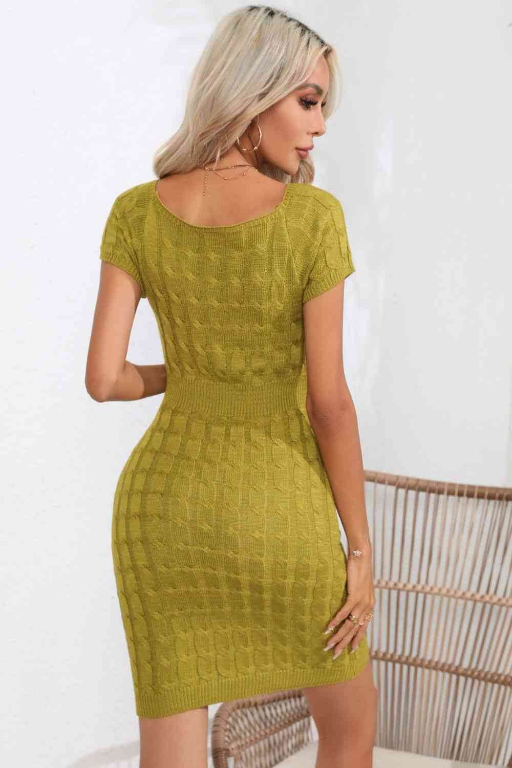 Decorative Button Round Neck Short Sleeve Sweater Dress - Ladyez