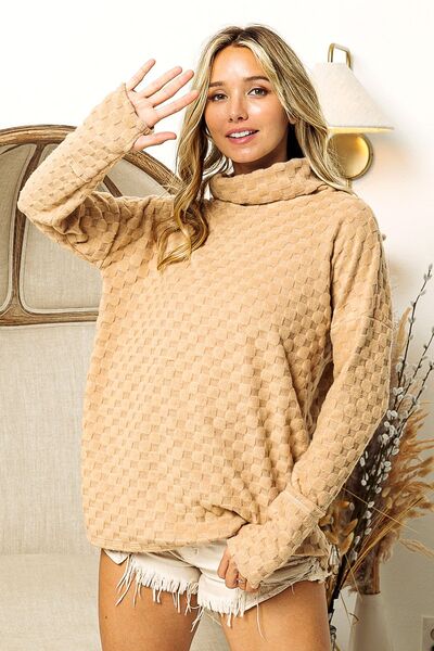 BiBi Checkered Round Neck Thumbhole Long Sleeve Top - Ladyez