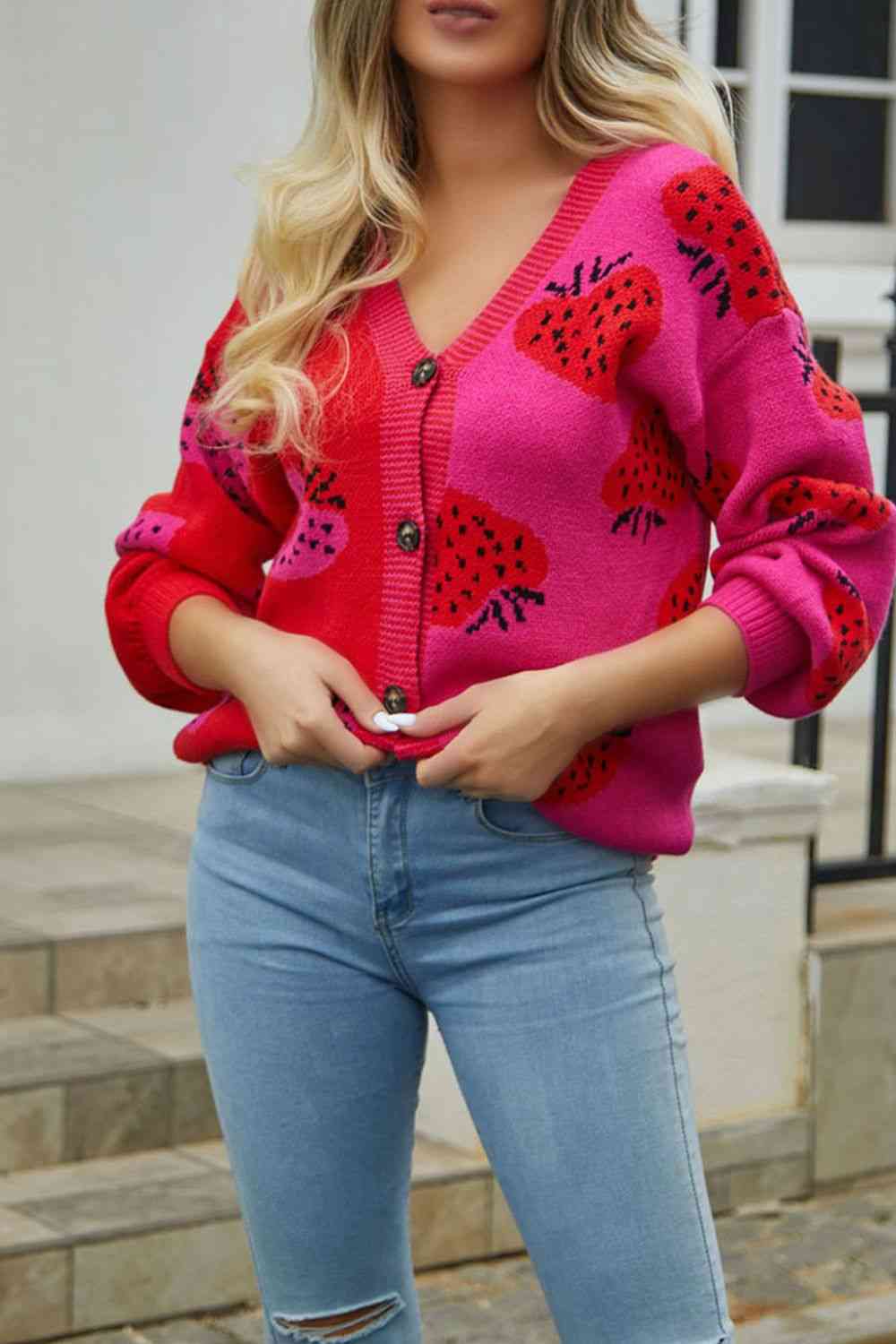Printed V-Neck Button-Down Long Sleeve Cardigan - Ladyez