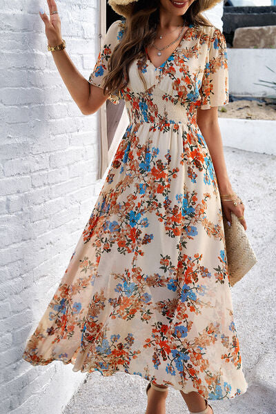 Smocked Floral V-Neck Short Sleeve Dress - Ladyez
