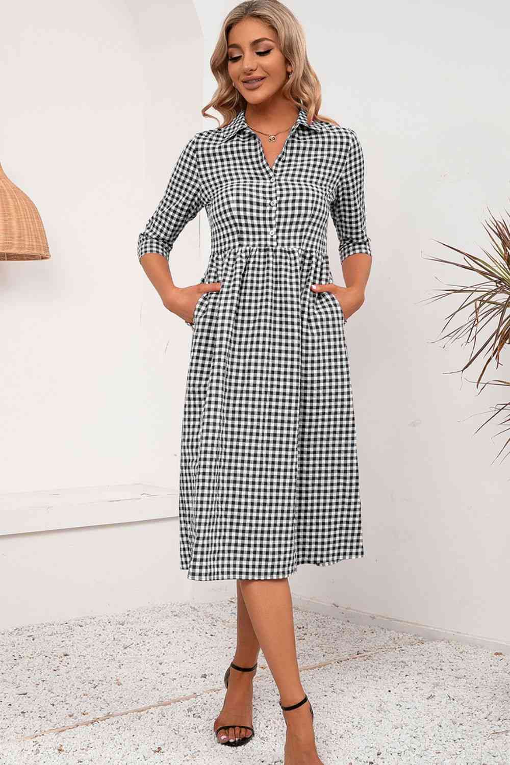 Plaid Collared Neck Midi Dress - Ladyez