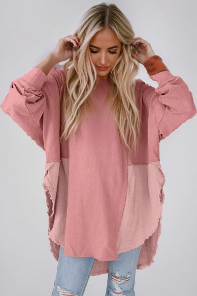 Contrast Texture Round Neck Long Sleeve Blouse - Ladyez