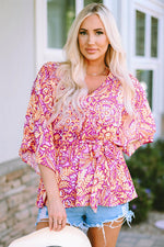 Floral V-Neck Tie Front Ruffled Blouse - Ladyez