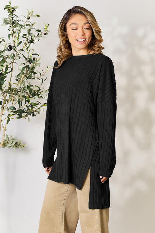 Basic Bae Full Size Ribbed Round Neck Long Sleeve Slit Top - Ladyez