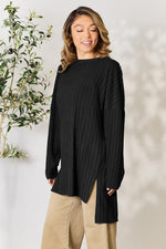 Basic Bae Full Size Ribbed Round Neck Long Sleeve Slit Top - Ladyez