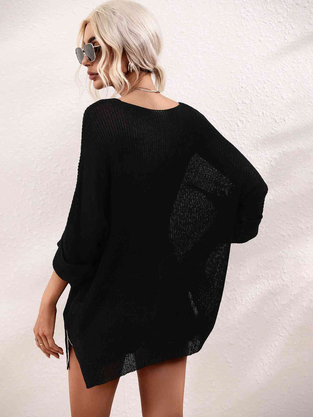 Boat Neck Cuffed Sleeve Slit Tunic Knit Top - Ladyez