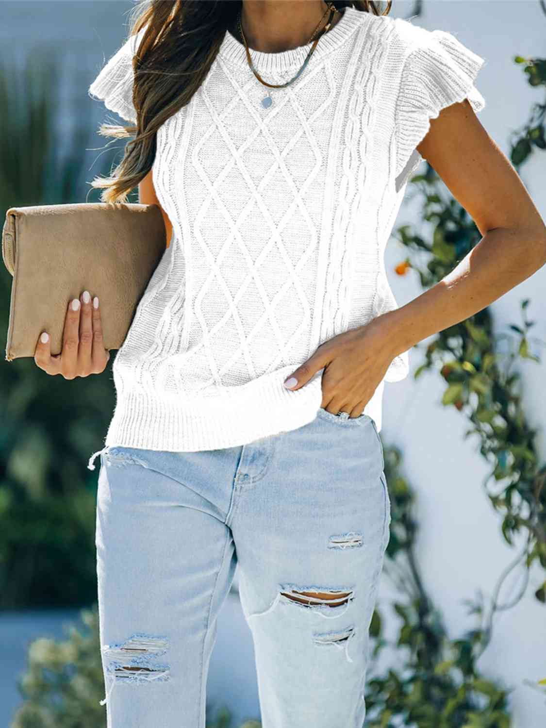 Round Neck Cap Sleeve Sweater - Ladyez