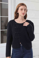 Round Neck Long Sleeve Frog Button Cardigan - Ladyez