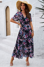 Smocked Floral V-Neck Short Sleeve Dress - Ladyez