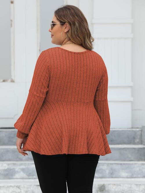 Plus Size Ribbed V-Neck Long Sleeve Blouse - Ladyez