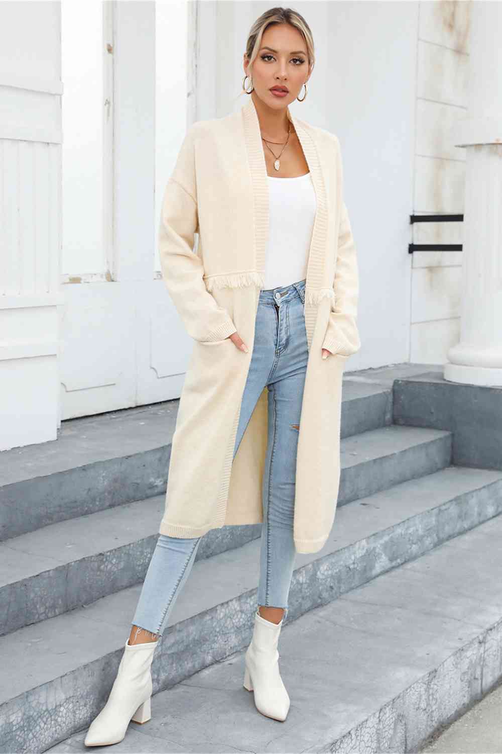 Open Front Pocketed Cardigan - Ladyez
