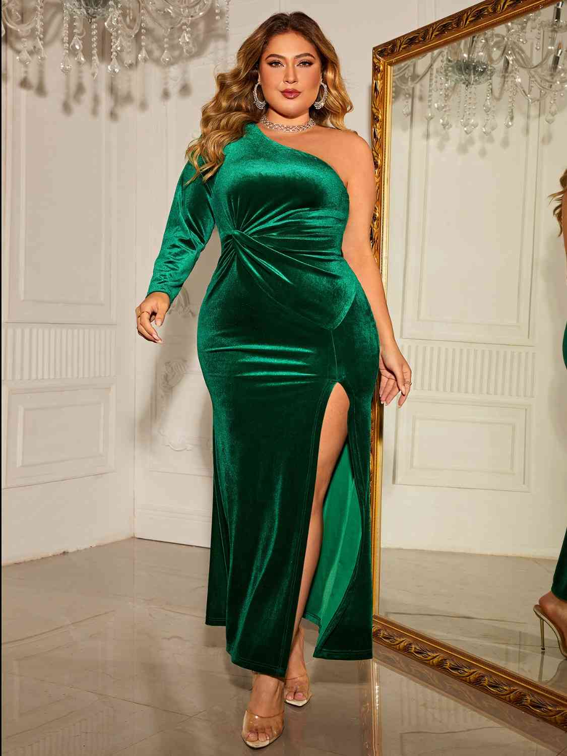 Plus Size One-Shoulder Twisted Split Dress - Ladyez