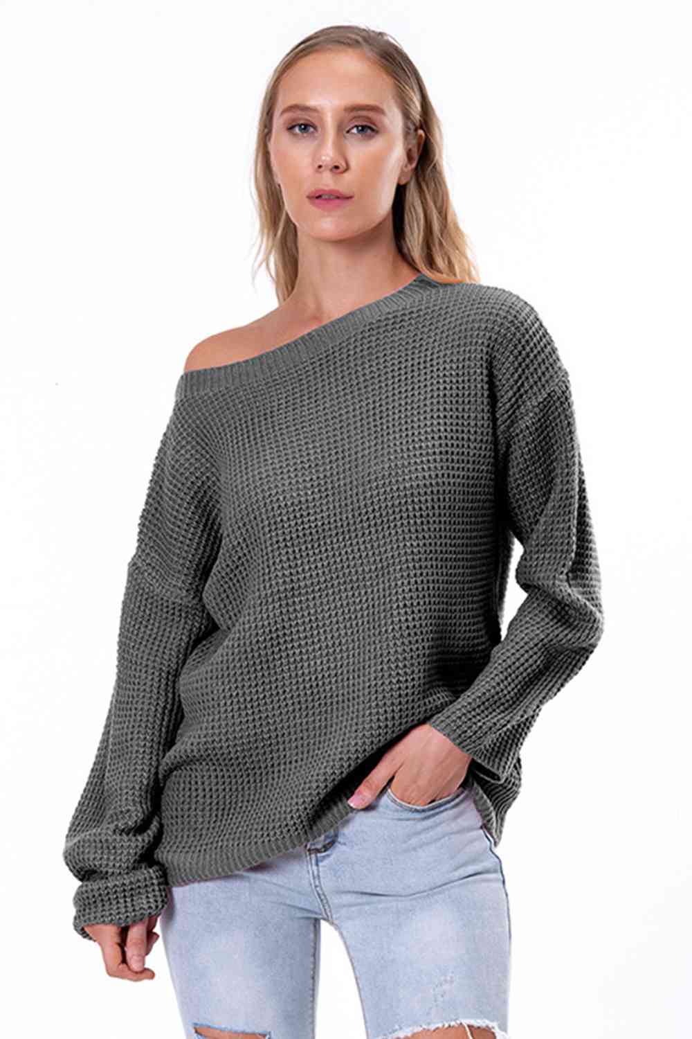Boat Neck Drop Shoulder Long Sleeve Sweater - Ladyez