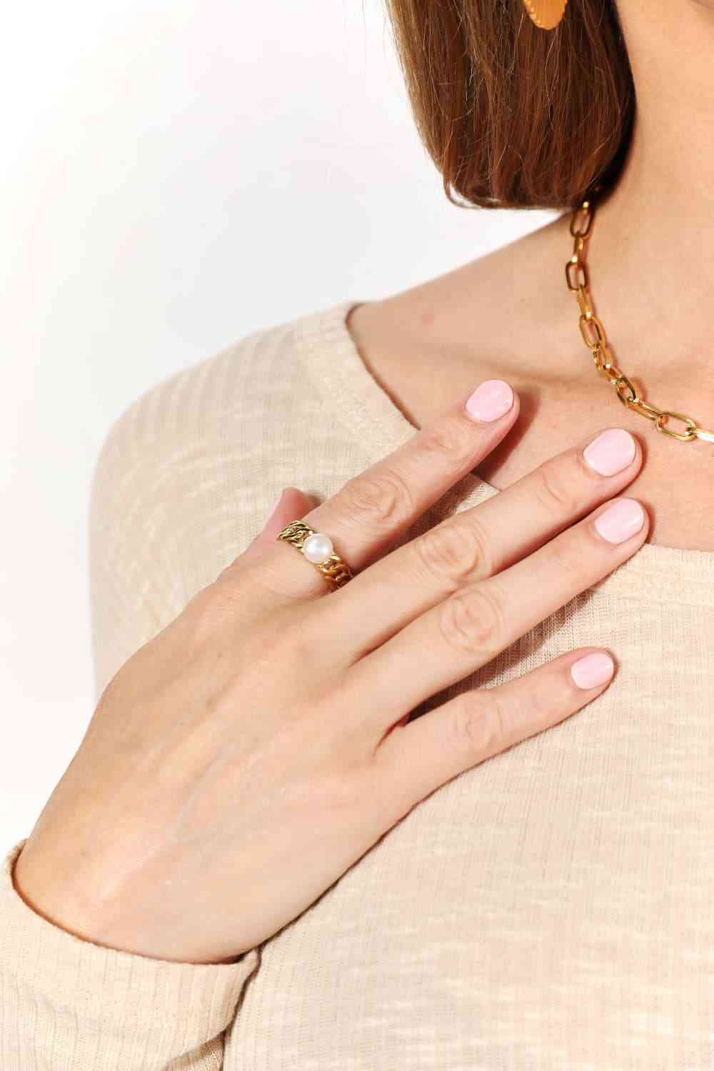 Adored Pearl Stainless Steel Open Ring - Ladyez