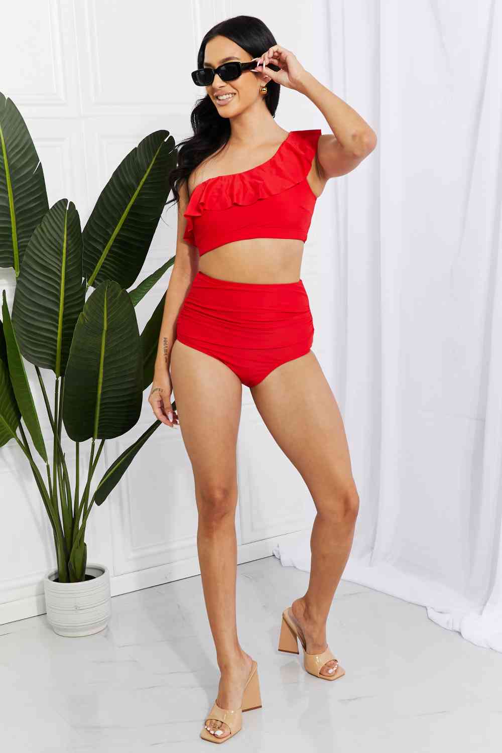 Marina West Swim Seaside Romance Ruffle One-Shoulder Bikini in Red - Ladyez