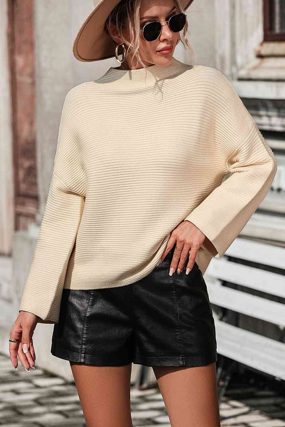 Mock Neck Dropped Shoulder Pullover Sweater - Ladyez