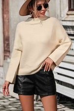 Mock Neck Dropped Shoulder Pullover Sweater - Ladyez