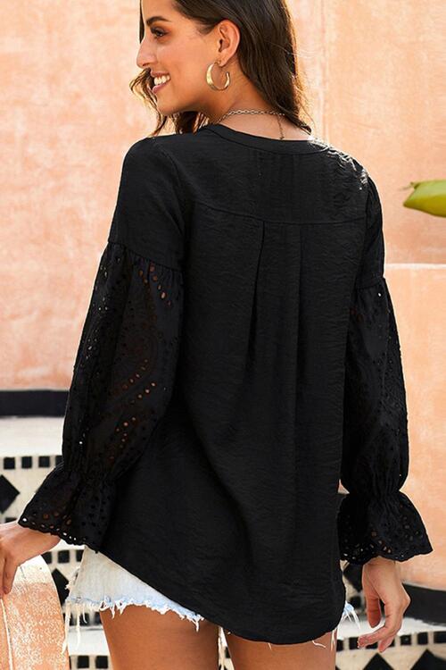 Crochet Flounce Sleeve Button Up Blouse - Ladyez