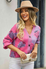 Printed V-Neck Button-Down Long Sleeve Cardigan - Ladyez