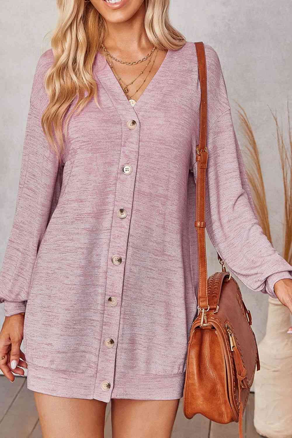 Buttoned V-Neck Long Sleeve Cardigans - Ladyez