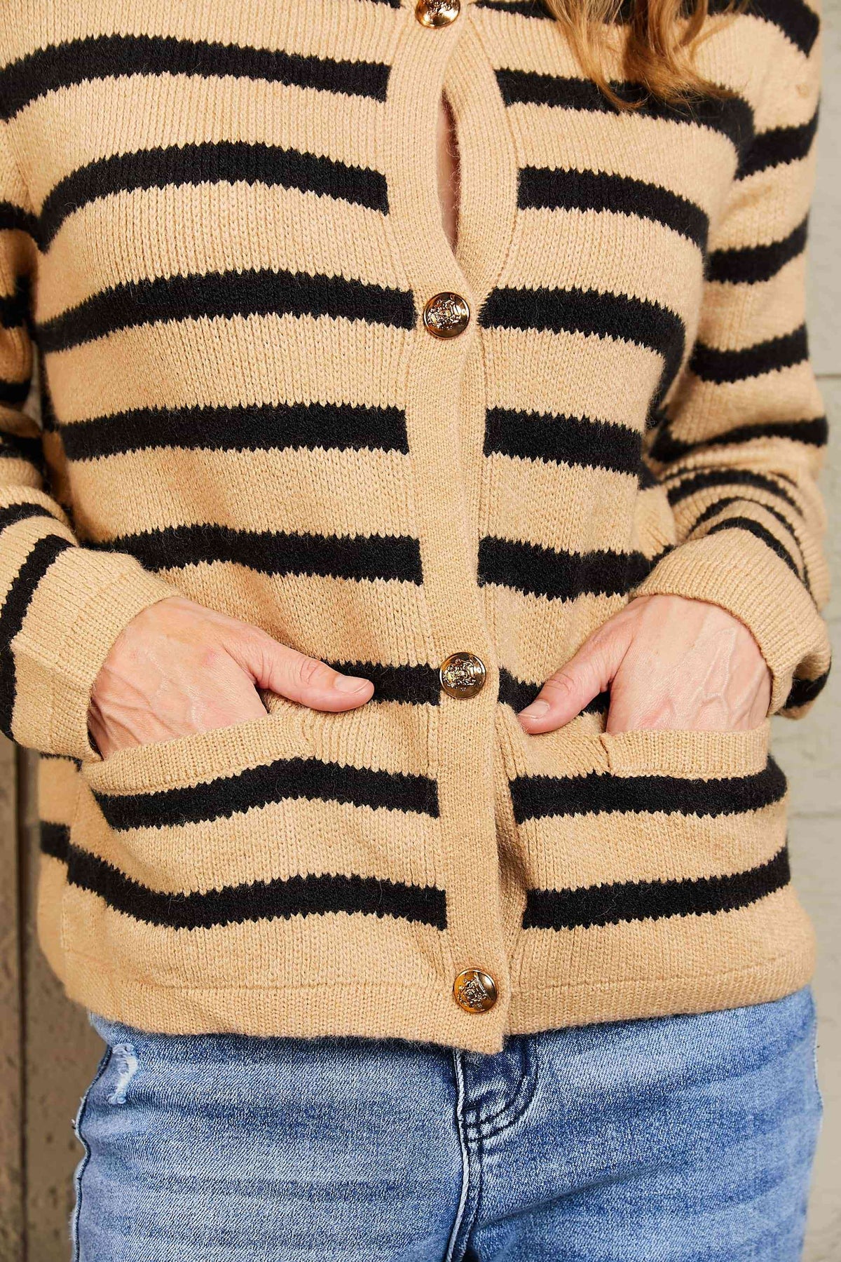 Woven Right Striped Button Front Cardigan - Ladyez
