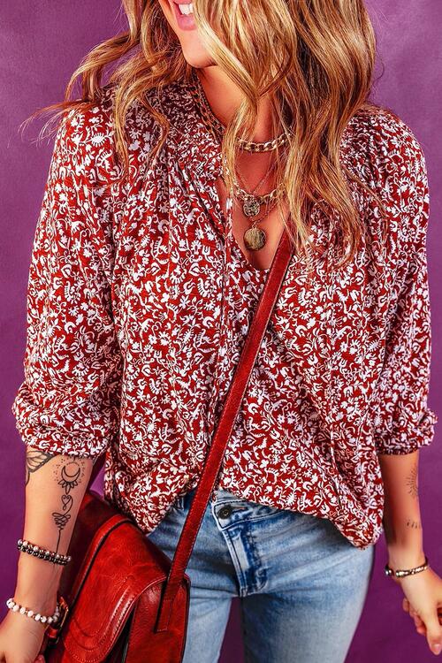 Printed Tie Neck Ballon Sleeve Blouse - Ladyez